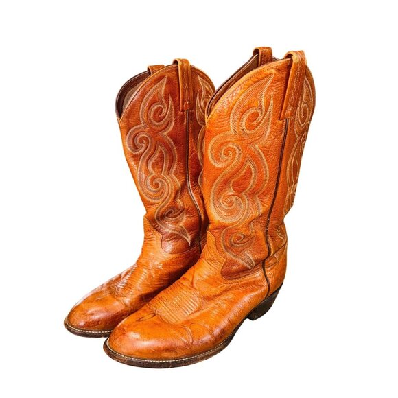 Vintage 90s Tony Lama Mens 8.5D Ostrich Cognac Leather Western Cowboy Boots main image 11